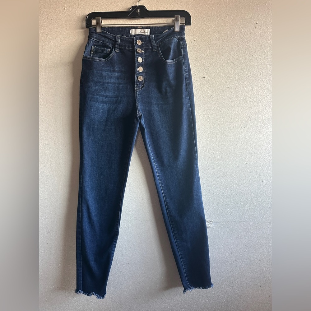 KanCan High Rise Dark Blue Jeans Button Fly Skinny size 7/27 frayed hem
